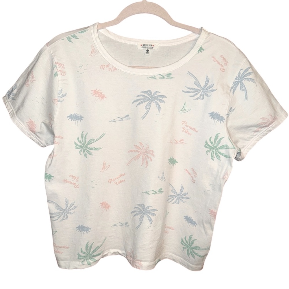 Women’s MISSY BUN JUST CHILLIN White with pastel‎ tropical print Cropped Tee XL